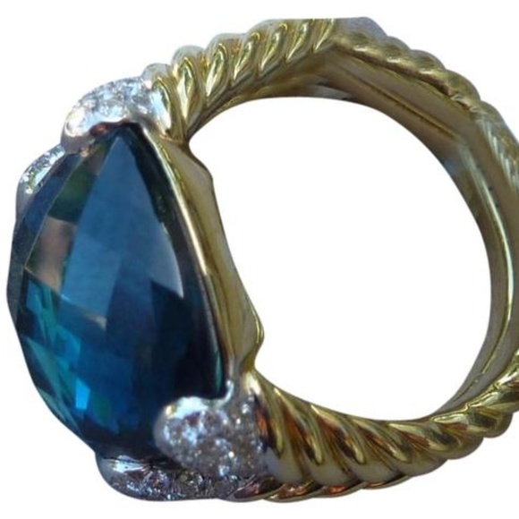 David Yurman Color Classics 18K Gold & Blue Topaz Ring with Diamond Accents NEW - Picture 4 of 15